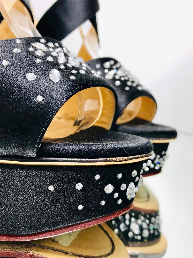 Charlotte Olympia "Enda" Platform Heels Black Satin Silk Rhinestone Crystal Details Size 39 Shush At The Wellington St Johns Wood London Buy Sell Consign Preloved Authentic Luxury Designer Ladies Shoes