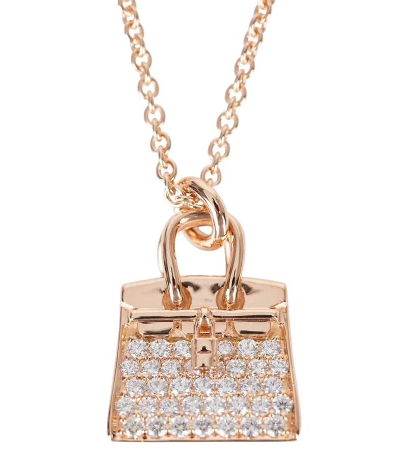Hermes 18k Rose Gold Diamond Birkin Amulette Pendant Necklace