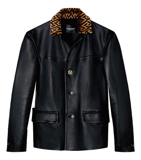 Versace Leather Jacket With Greca Fur Collar. Size 46IT